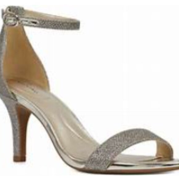 Near New Bandolino MADIA Shimmery Silver Gold Gunmetal Open Toe Heels 9.5 - Picture 1 of 14